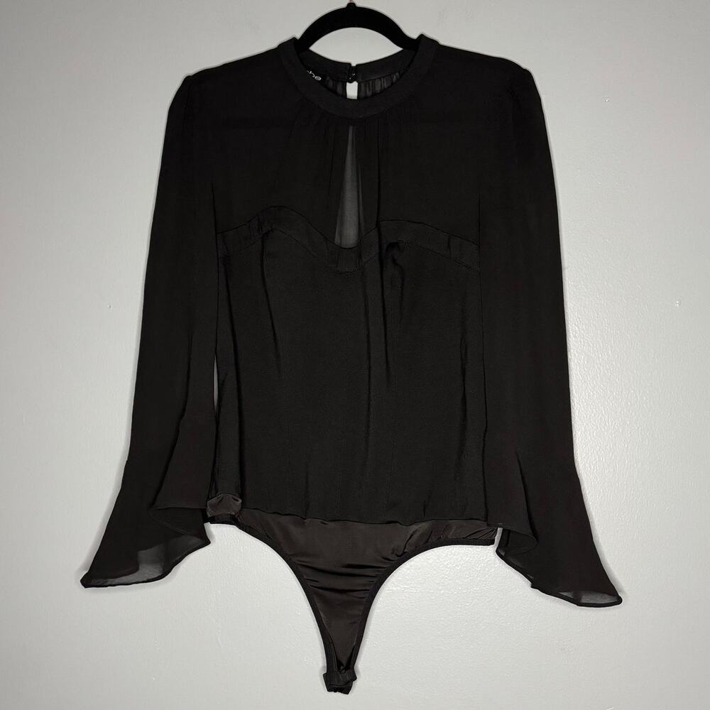 Bebe Large Black Bodysuit Sweetheart Corset Style Bust Chiffon Ruffle Sleeve